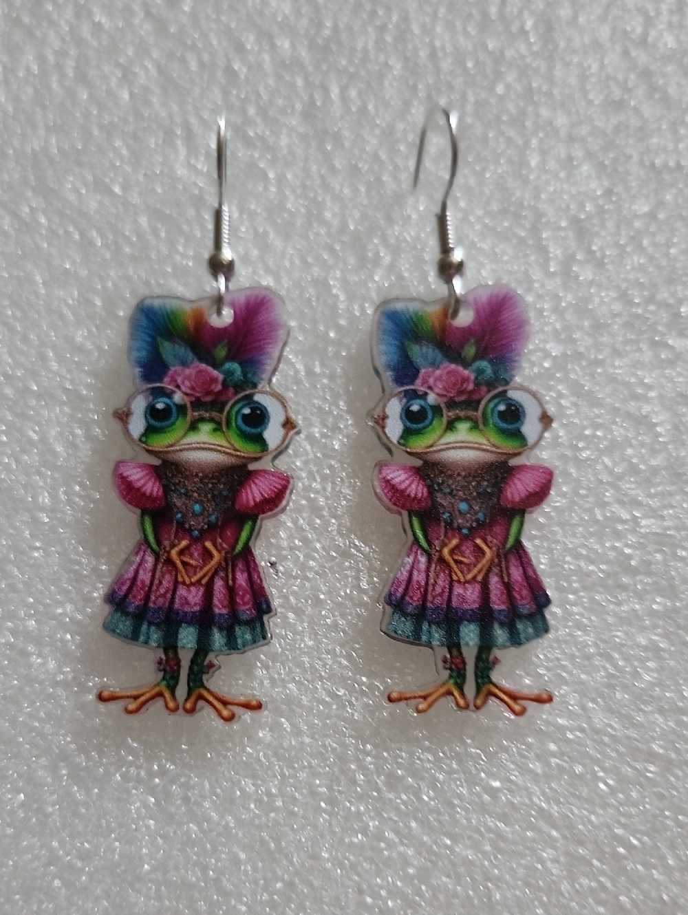 Hand Crafted Colorful Frog Princess Earrings - Pink, Green, Blue